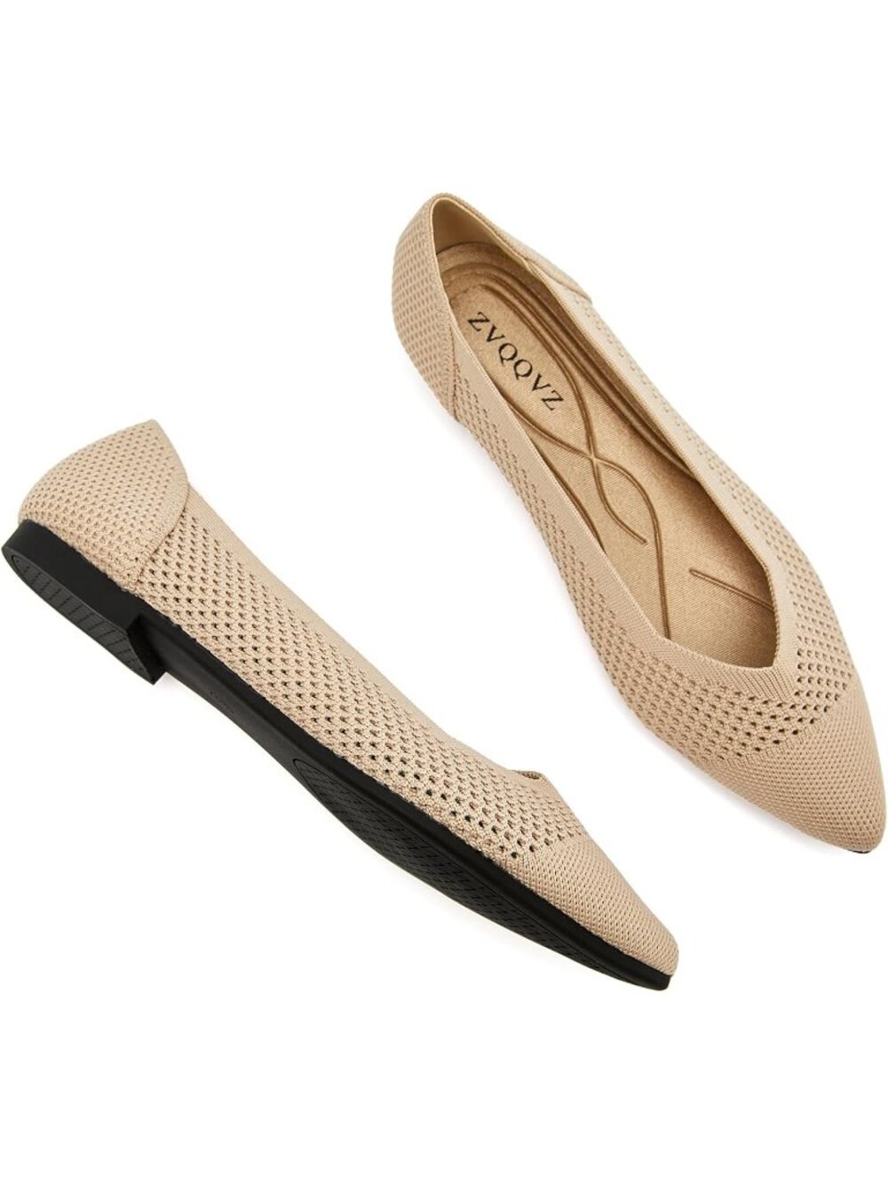 Women's Knit Mesh Flats Shoes Dressy Comfortable Pointed Toe Beige Ballet Flat - Picture 3 of 6